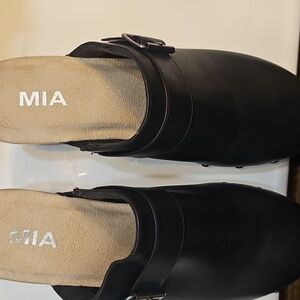 MIA Black Vegan Leather Silver Studded Clogs with Wooden Heel